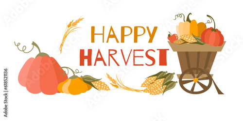 Happy harvest poster vector illustraton. Autumn lettering with pumpkins, wheat, fruits and vegetables