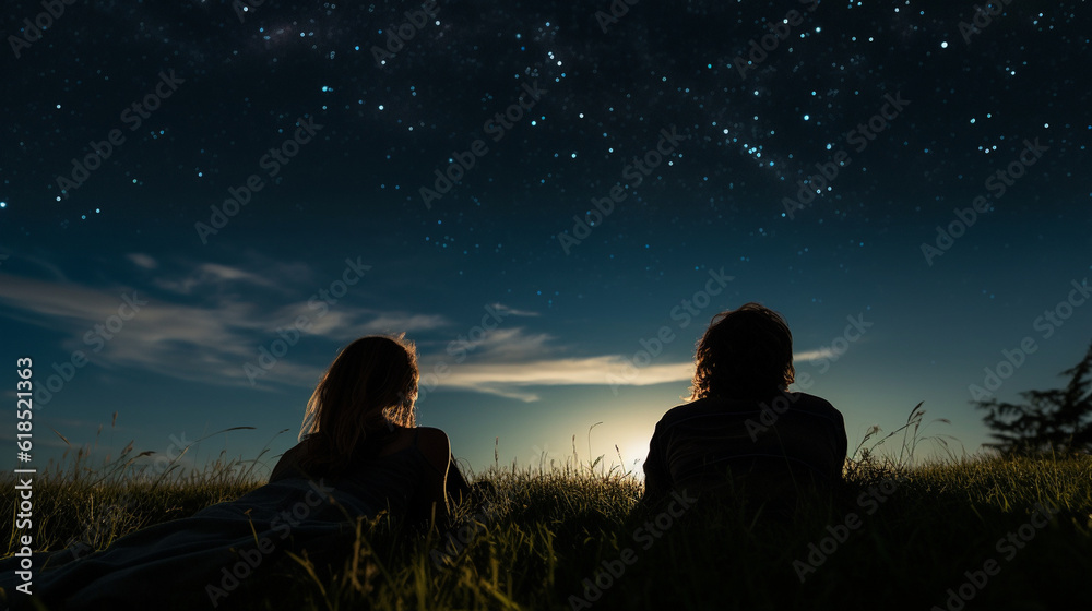 A pair of friends lying on a grassy field, looking up at the starry night sky, contemplating the beauty of their friendship Generative AI