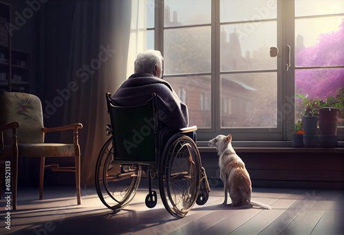 illustration of an old person sitting on wheelchair near window with dog. ai © terra.incognita