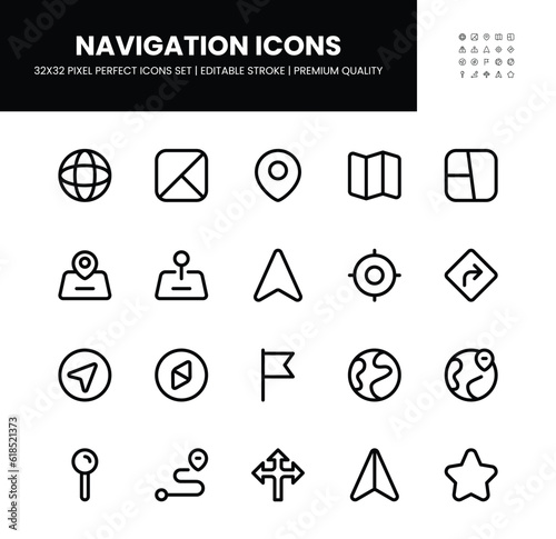 Navigation icons set in 32 x 32 pixel perfect with editable stroke