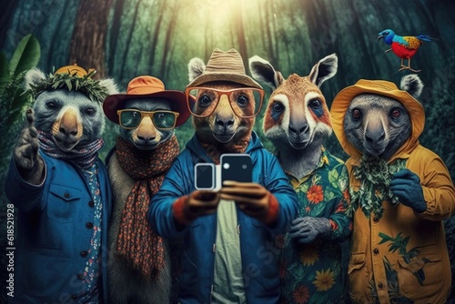 Group of funny wild animals taking selfie with smartphone in the forest © Олег Фадеев