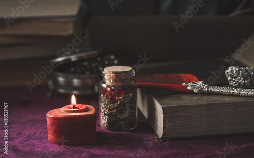 Illustration of witch altar. Concept of destiny and prediction. Magic and energy, wicca and pagan stuff. Alternative healing medicine 