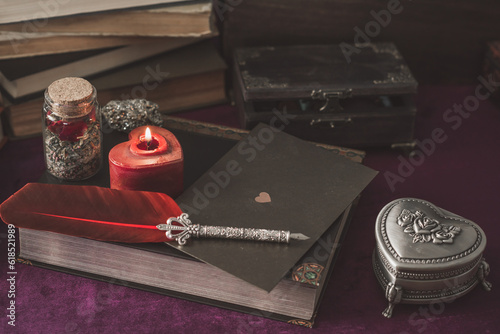 Illustration of witch altar. Concept of destiny and prediction. Magic and energy, wicca and pagan stuff. Alternative healing medicine 