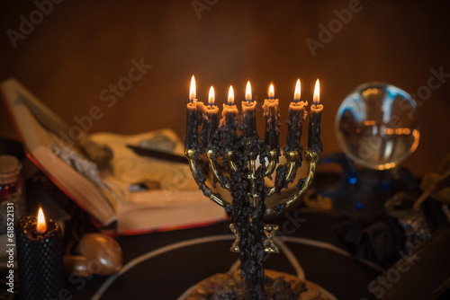 Illustration of witch altar. Concept of destiny and prediction. Magic and energy, wicca and pagan stuff. Alternative healing medicine 