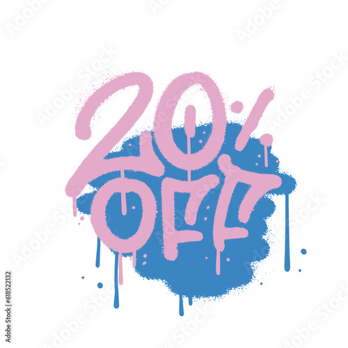 Sprayed 20 percent off urban graffiti with overspray over abstract color shape. Vector textured illustration.