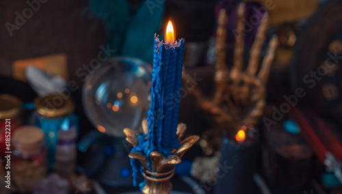 Illustration of witch altar. Concept of destiny and prediction. Magic and energy, wicca and pagan stuff. Alternative healing medicine 