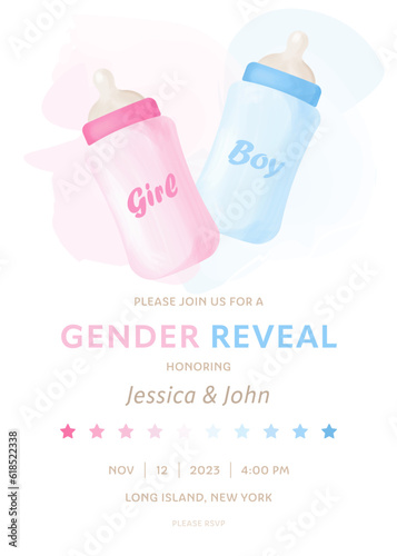 Gender reveal party invitation vector template with pink and blue feeding bottles. Boy or girl, he or she. Watercolor effect