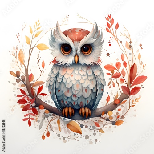 Cute Cartoon Owl with a floral wreath