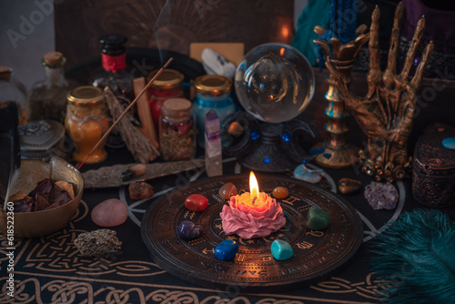 Illustration of witch altar. Concept of destiny and prediction. Magic and energy, wicca and pagan stuff. Alternative healing medicine 