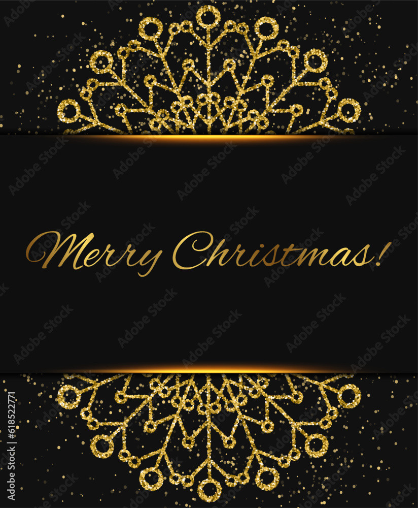 Abstract vector holiday background with dark frame and golden snowflakes