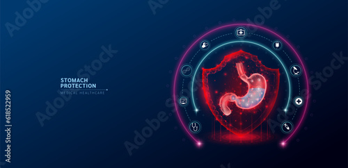 Stomach medical healthcare. Human stomach anatomy organ translucent low poly triangle inside shield futuristic glowing red on blue background. Immunity protection medical innovation concept. Vector.