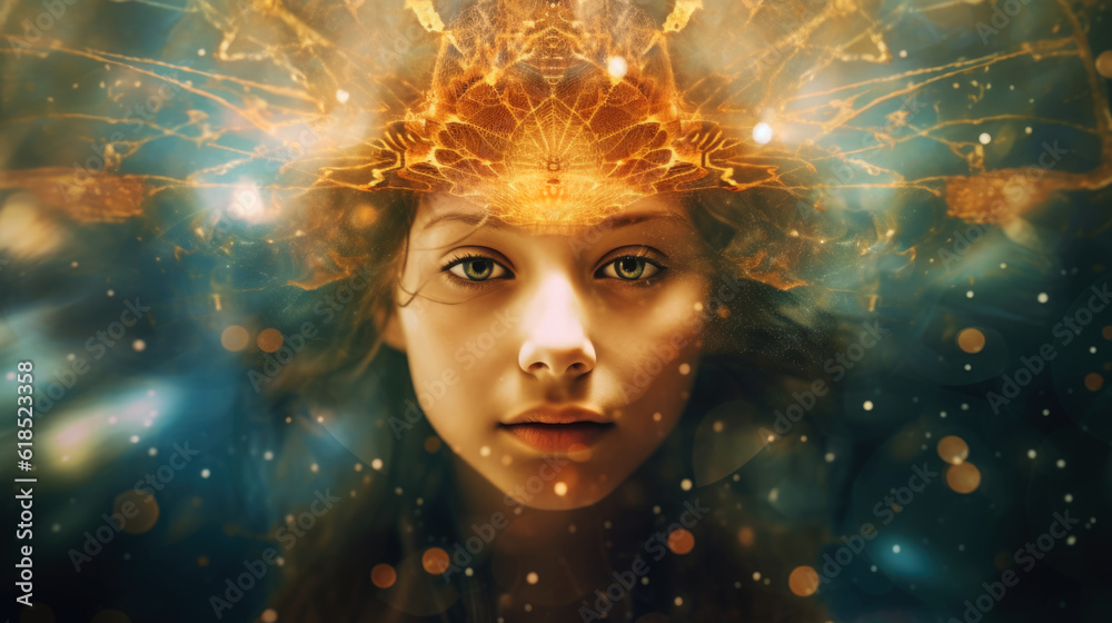 Face of a young woman with a web of golden energy forming around her forehead as she contacts her higher self and the divine.