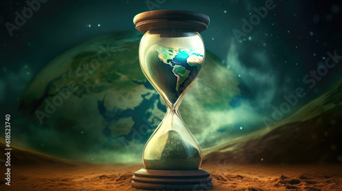 Hour glass of sand with the planet Earth as the sand and in the background showing time is running out 