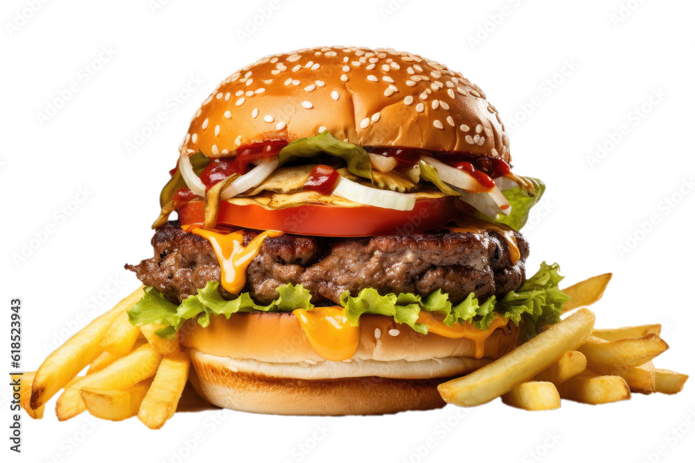 A tasty hamburger with fries, fast food, white background, isolated, generative ai - obrazy, fototapety, plakaty 