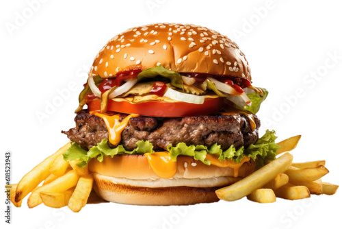 Fotografia A tasty hamburger with fries, fast food, white background, isolated, generative