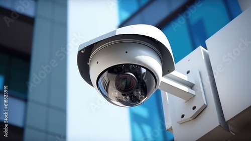 Security camera on modern building. Professional surveillance cameras. CCTV on the wall in the city. Generative AI