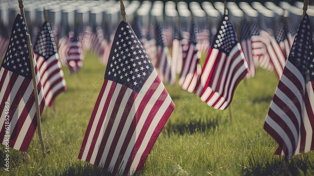 American Memorial Day Concept, Eternal Rest, Sombre, American Flags, Honor, USA, Gravestones National Cemetery, Fallen Heroes. Generative AI