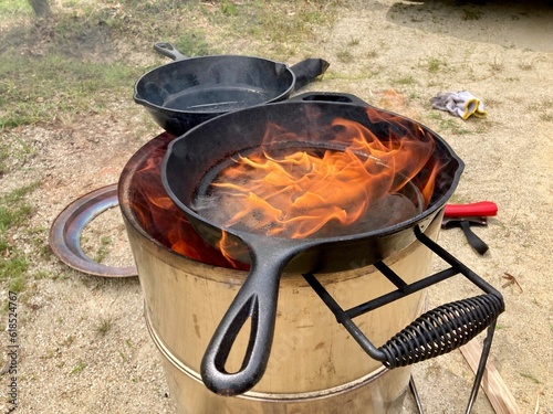 A skillet engulfed in flames.
