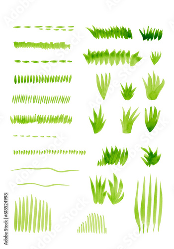 Watercolor sketches of blades of grass. Various borders of fresh lawn, hummocks, sedge bushes. Light green color. Set of isolated sketches for your design. Elements for patterns and prints