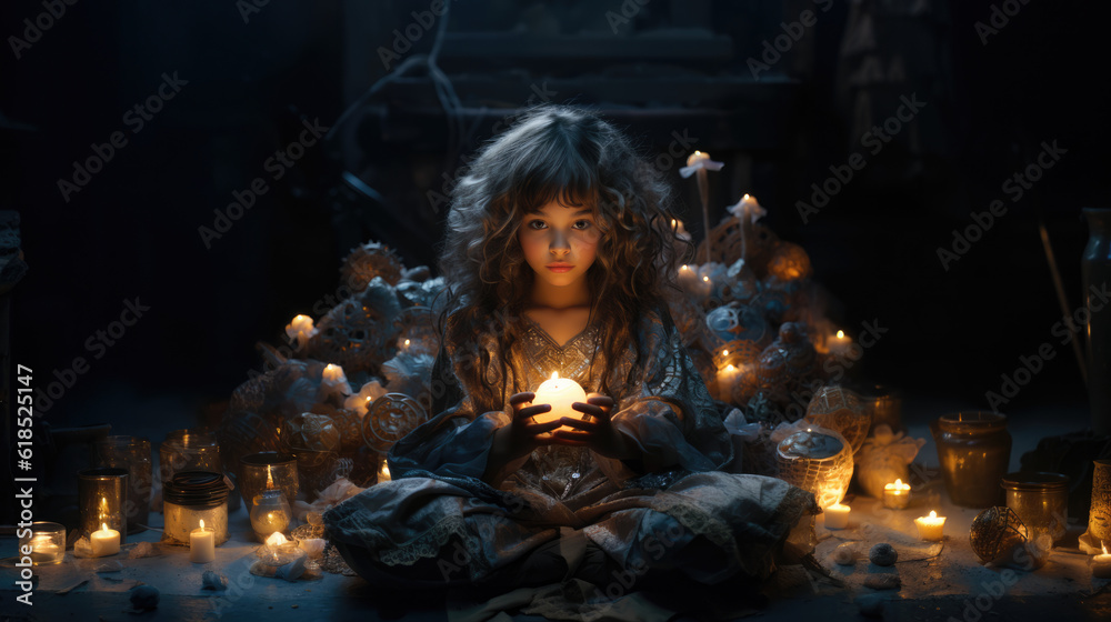 Mysterious Indigo child old soul, sitting with a candle in their hands and surrounded by candles.