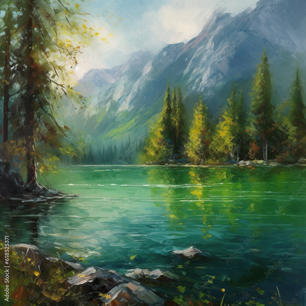 high mountain lake in the forest near the mountains. beauty of nature generative ai,