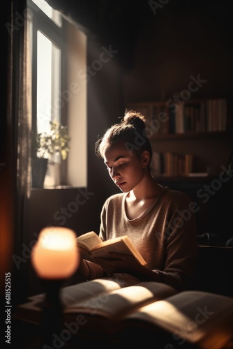 Woman reading novel book at home, cozy, relaxed, generative AI