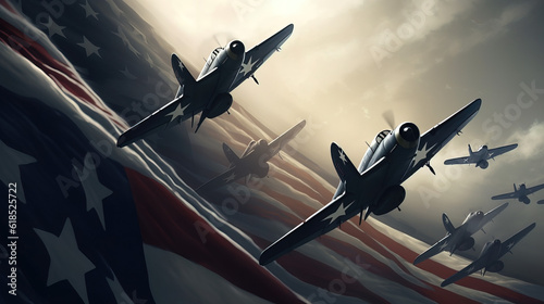 American Missing Man Formation, Jets, Patriotic, Military Aircraft, Diagonal Lines, Dramatic Shadows, American Flag, USA, US Army, Military, Patriotism, art deco, illustration. Generative AI