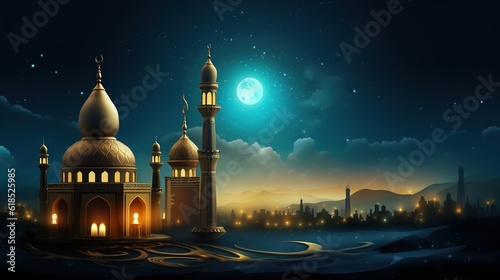 Photo eid al adha islamic decoration background with goat sheep arabic lantern crescent,AI generated.  © 娜 赵