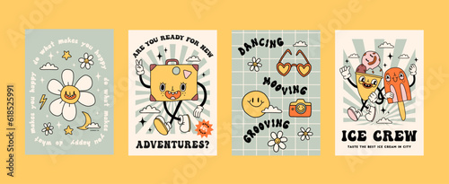 Funny retro summer poster collection print. Groovy bright character mascot and elements. Cartoon hippie 70s poster with lettering. Vector logo card in trendy retro style. Rays and chess background