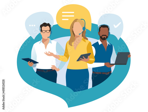 Call center. Customer service, hotline operators with headsets in the speech bubble. Online technical support. Vector illustration. 