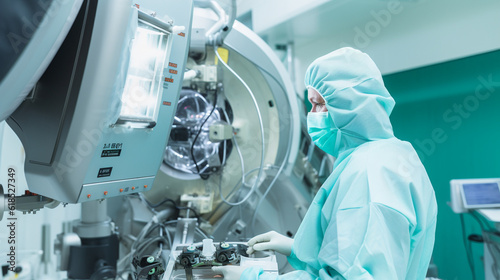 A medical professional in a radiation protection suit operating a nuclear medicine imaging machine in a specialized facility Generative AI photo