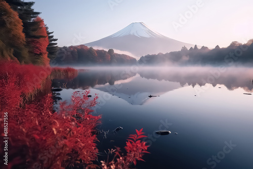 Colorful autumn season and Mount Fuji with red leaves at Lake Kawaguchiko, AI