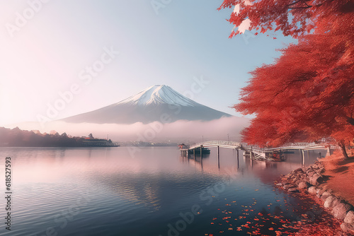 Colorful autumn season and Mount Fuji with red leaves at Lake Kawaguchiko, AI photo
