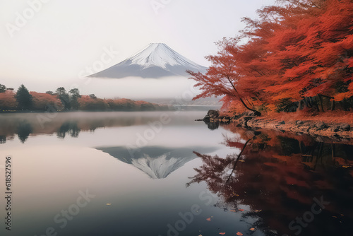 Colorful autumn season and Mount Fuji with red leaves at Lake Kawaguchiko, AI