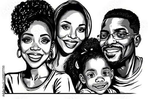 African American family smiling broadly and looking at the camera - black and white illustration
