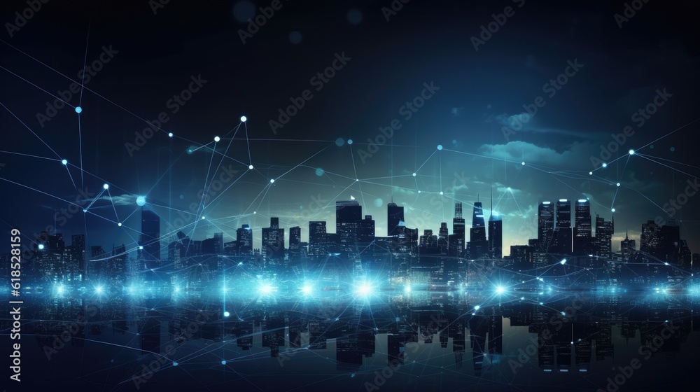 Digital city with a network of lights of the night, urban, internet, cityscapes,futuristic, AI generated