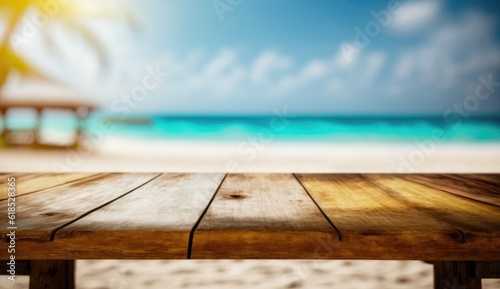 Empty modern wooden table on a summer beach, AI generated