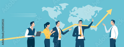 Strategy. World map, team and rising arrow. The Team discusses global success. Business vector illustration. 