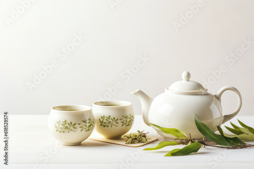 Asian tea utensils for the traditional tea ceremony. Green tea leaves. Teapot and cup ceramic isolated on a light flat background with copy space. Banner template. Generative AI photo.