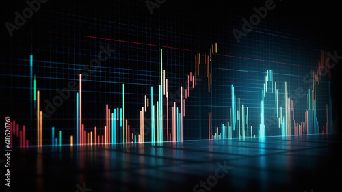 Investment, data and screen hologram of stock market, financial management and analysis profit tracking. Ai generated, graph and chart on futuristic cryptocurrency, banking and night forex trading
