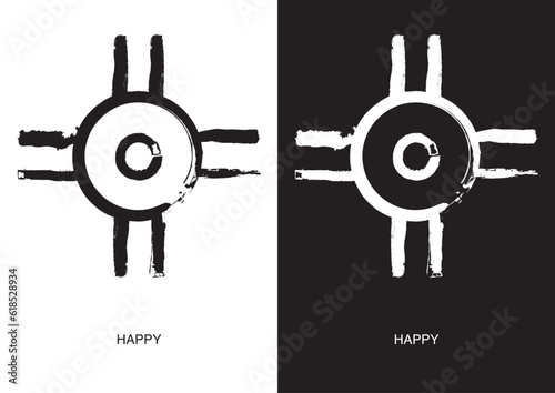 Poster of Happy symbol. Most popular Native American Ancient Symbols. Black ink handwriting. Vector