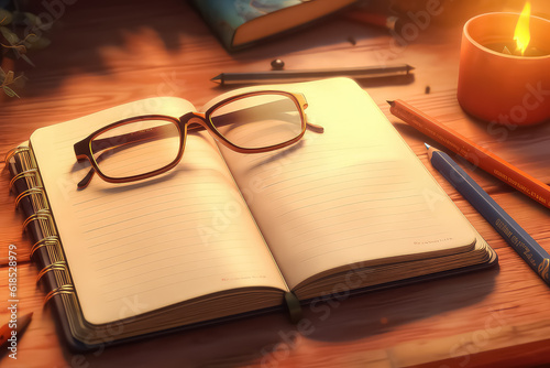 autumn school notebook with glasses in cartoon style.