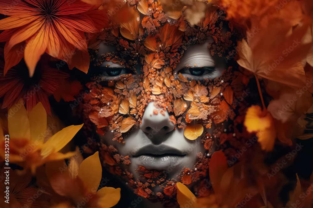 Young happy woman with red autumn leaves