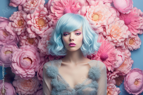 A beautiful girl with washed-out light blue hair poses in front of a floral background. Generative AI.