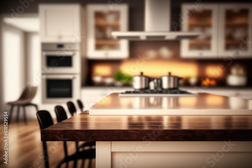 Empty luxury modern table with blurry background of kitchen, AI generated