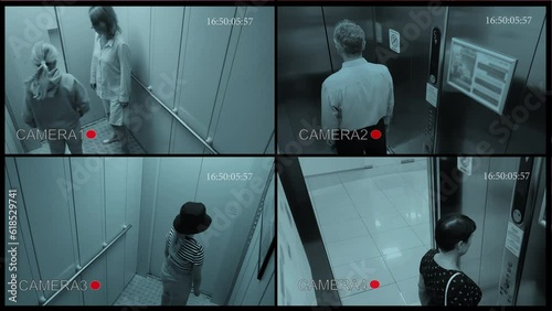 Multi-screen security monitor in a shopping center multi-camera system.