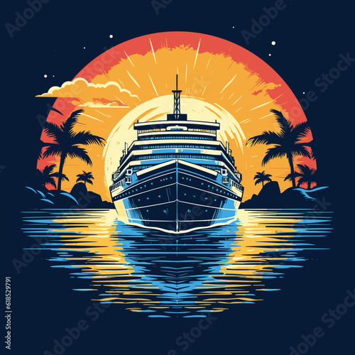 A serene and peaceful illustration of a cruise ship sailing across calm waters photo