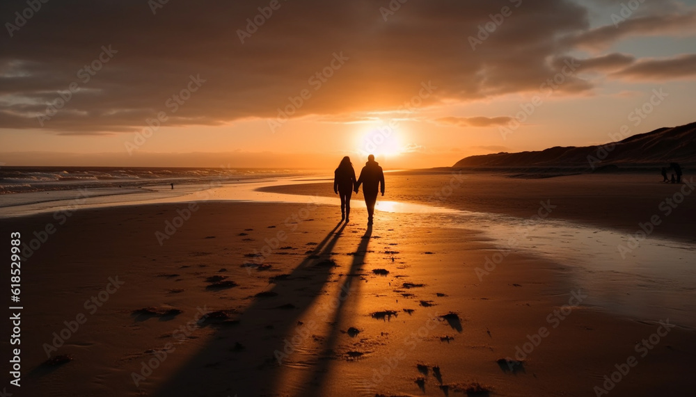 Silhouette of couple walking on beach at sunset generated by AI Silhouette of couple walking on beach at sunset generated by AI