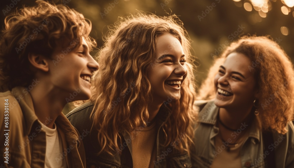 Fototapeta premium Young adults embrace in nature, smiling joyfully generated by AI