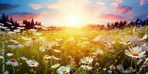 Stunning sun-drenched meadow in spring or summer, displaying a colorful panorama with wild daisies against a blue sky with soft selective focus. Made with Generative AI technology